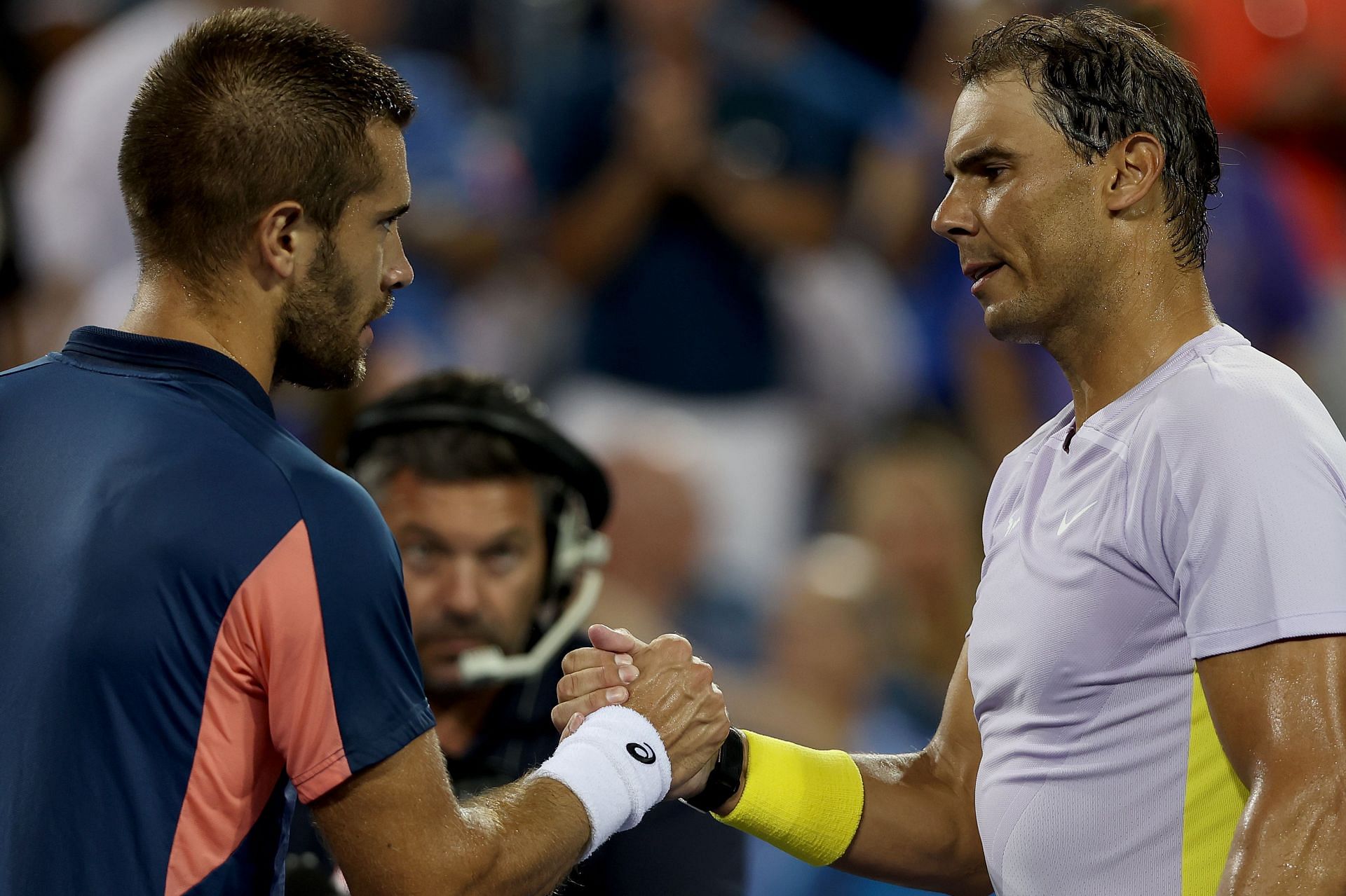 Borna Coric (L) and Rafael Nadal after the match.